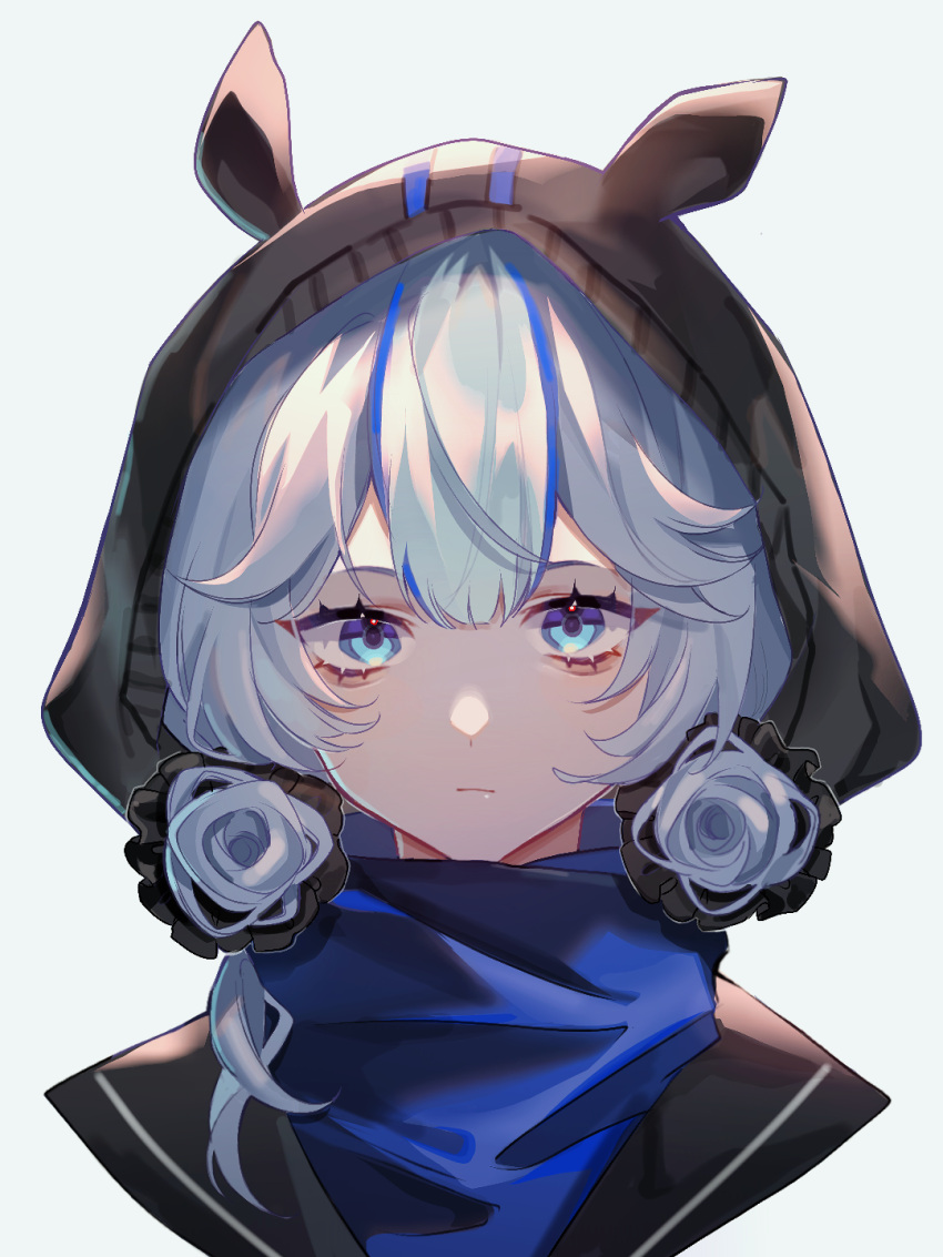 1girl, aegyo_sal, animal_ear_hood, arknights, bandana, black_hood, blue_bandana, blue_eyes