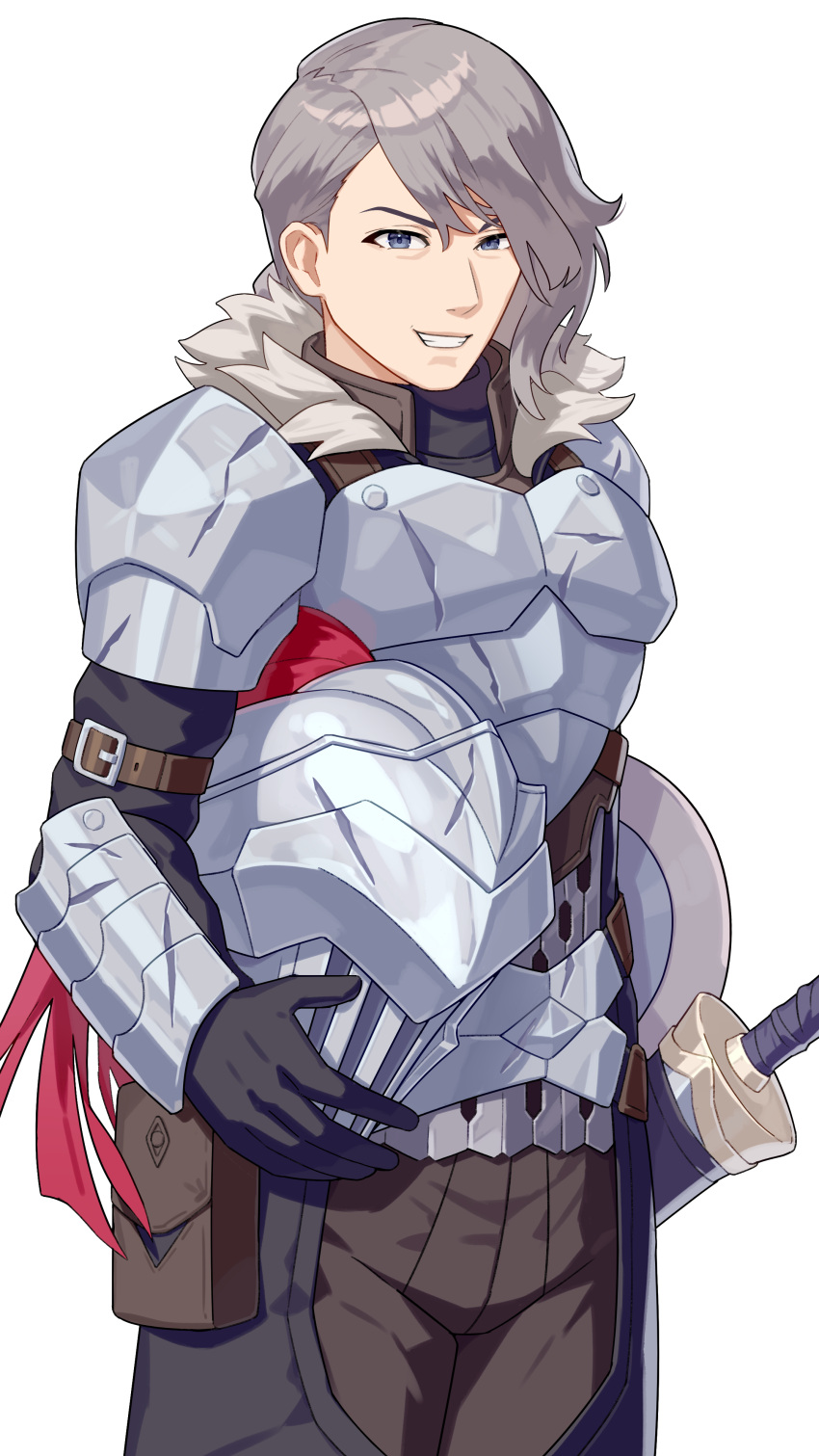 absurdres, armor, blue_eyes, buckler, commission, final_fantasy, final_fantasy_xvi, fur_trim, goblin_slayer, goblin_slayer!, grey_hair, helmet, highres, long_hair, male_focus, plume, shield, skeb_commission, sleipnir_harbard, smile, solo, sword, umehara_yuuichirou, voice_actor_connection, weapon, yagi2013