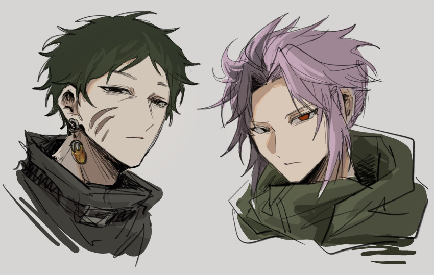 2boys, black_eyes, black_hair, chinese_commentary, closed_mouth, commentary_request, dreyfus_zweig, earrings