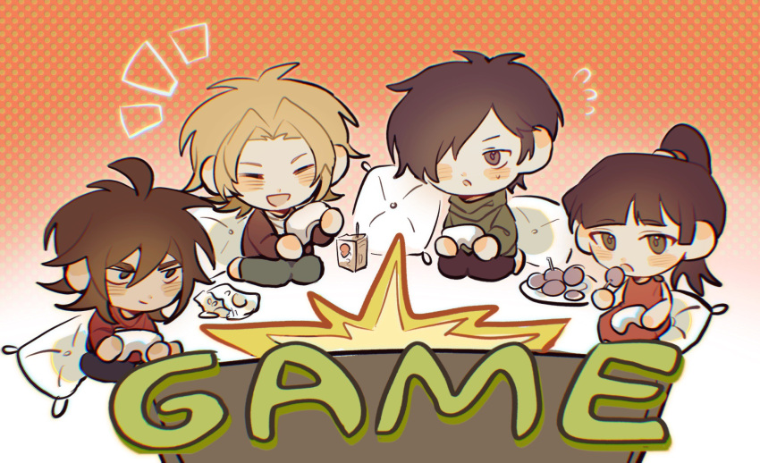 1girl, 3boys, aiba_ibuki, black_eyes, black_hair, black_pants, brown_hair, brown_jacket