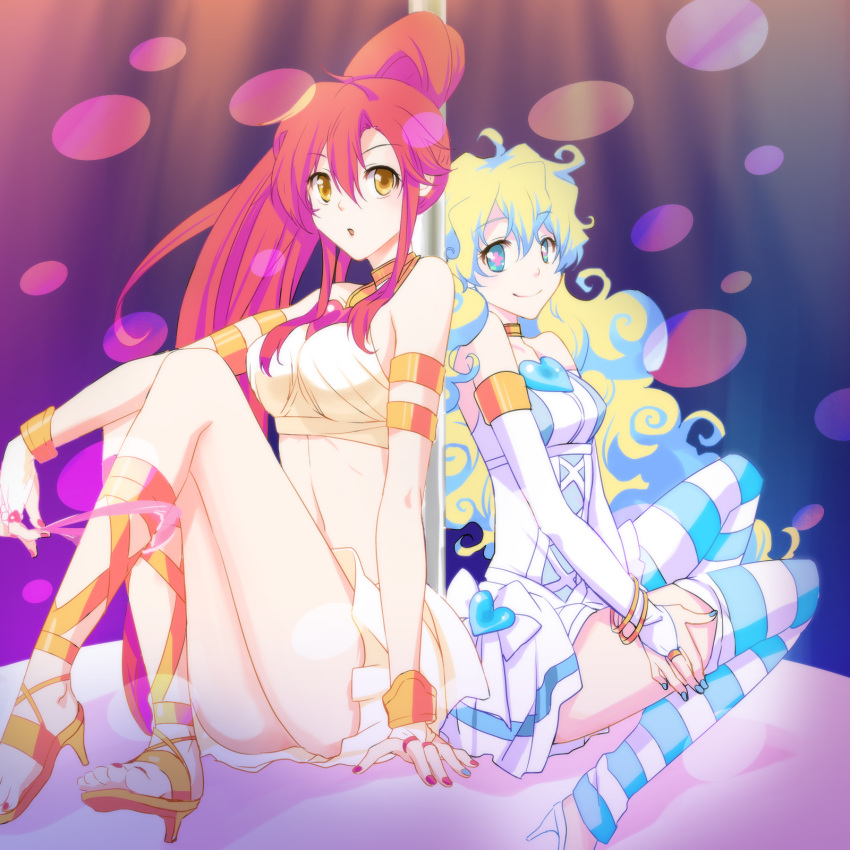 2girls, alternate_costume, armlet, bracelet, company_connection, cosplay, creator_connection, gainax