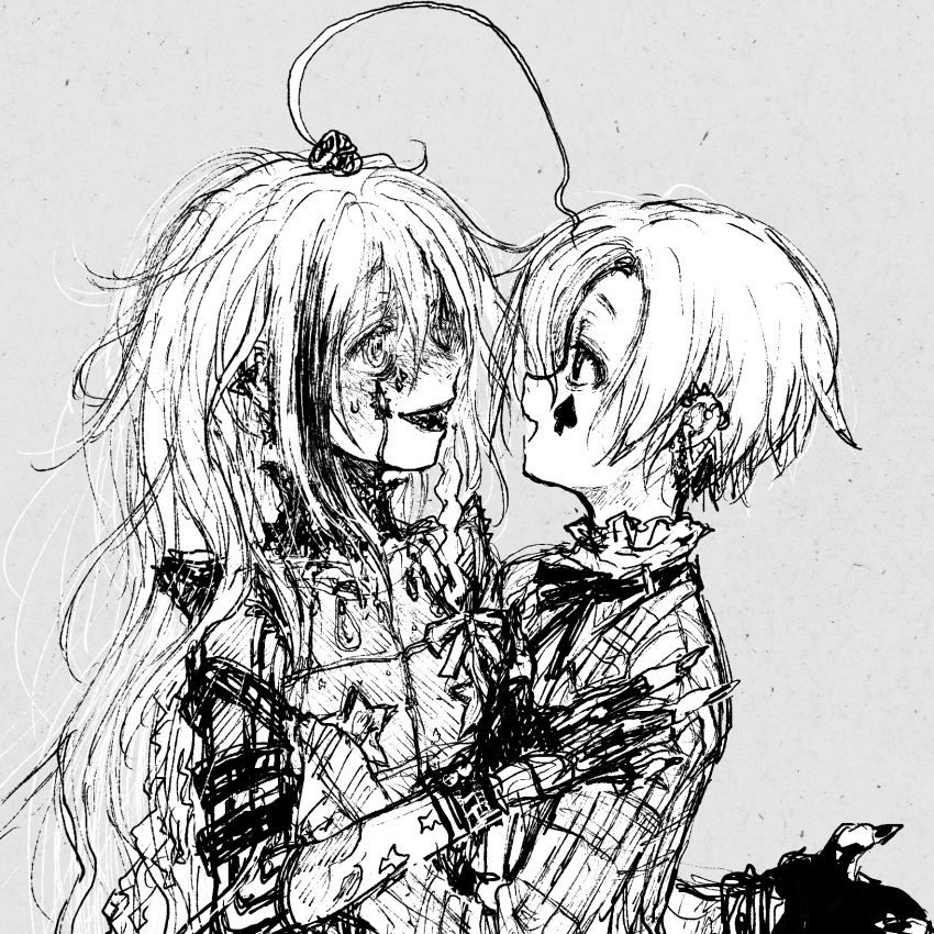 2girls, ahoge, alternate_costume, arm_around_waist, armor, blush, breastplate, coat