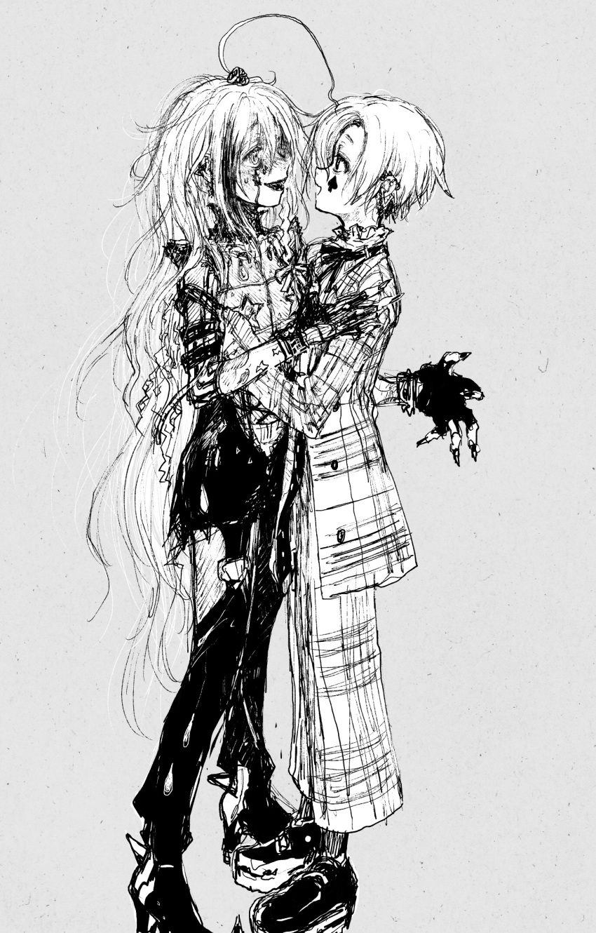 2girls, ahoge, alternate_costume, arm_around_waist, armor, blush, boots, breastplate