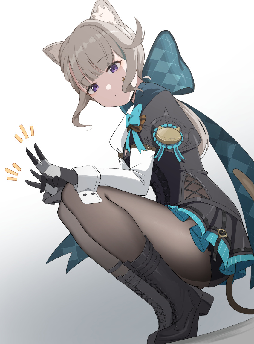 1girl, absurdres, animal_ear_fluff, animal_ears, aqua_bow, argyle_bow, argyle_clothes, asymmetrical_hair