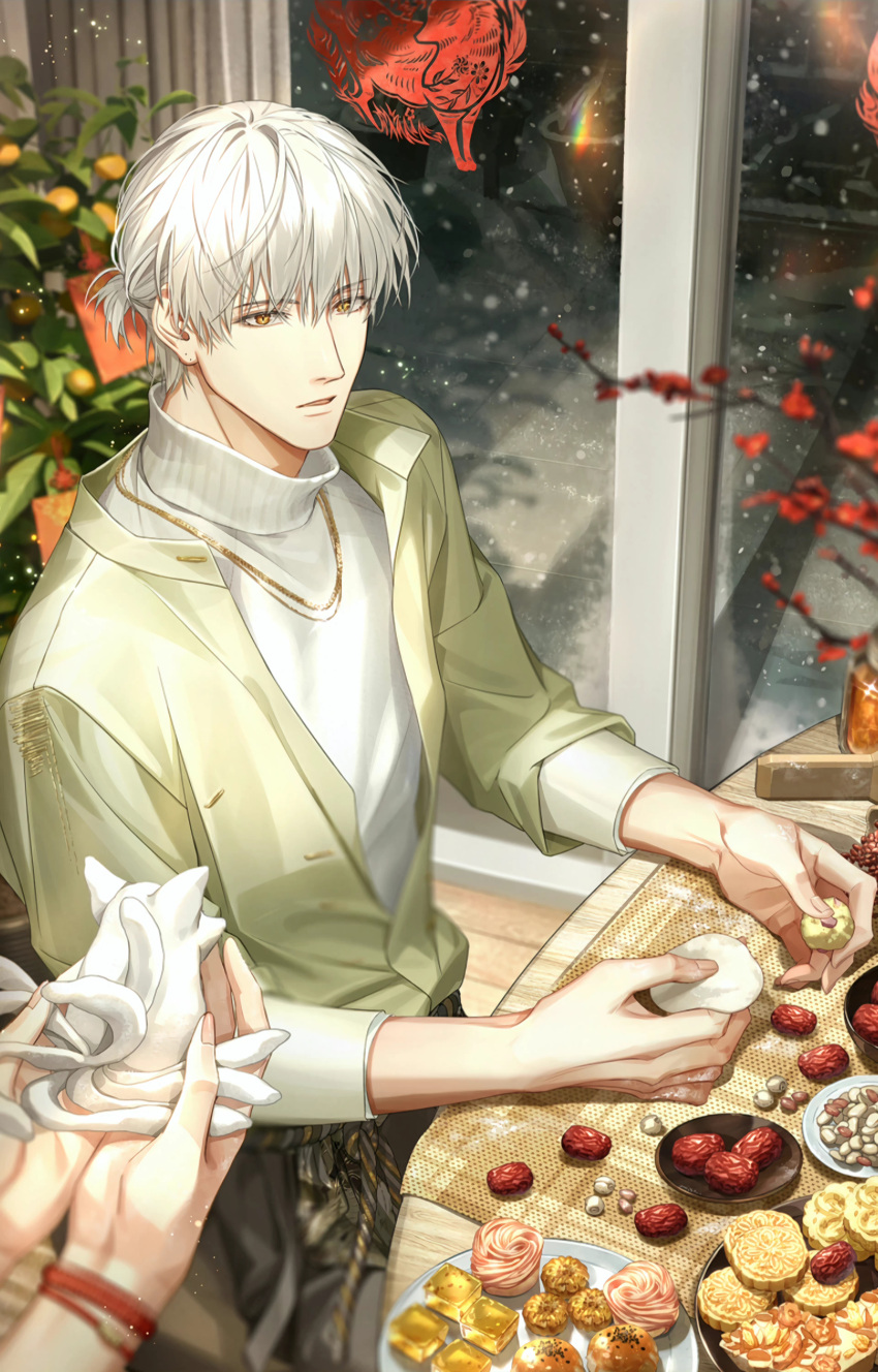 1boy, absurdres, bracelet, dried_jujube, flower, food, green_jacket, highres