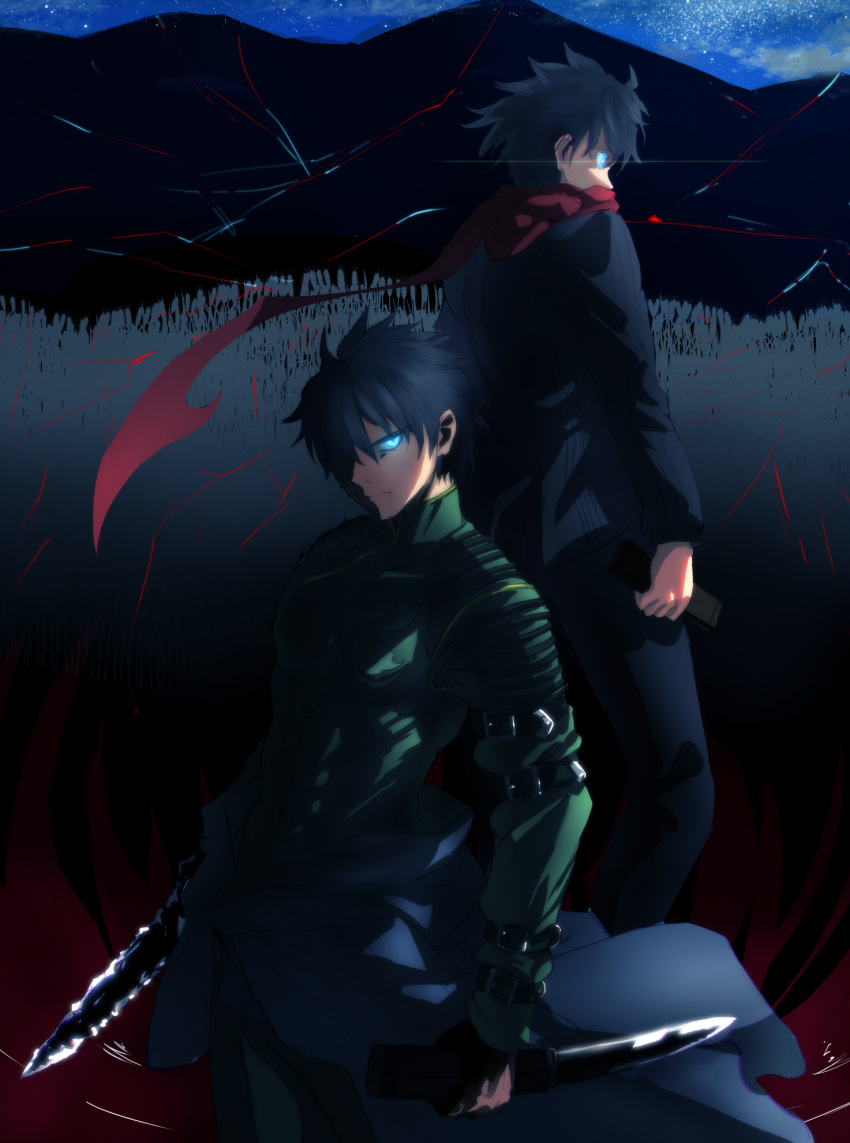 2boys, black_hair, blue_eyes, burleciel, dual_persona, dual_wielding, gakuran, glowing