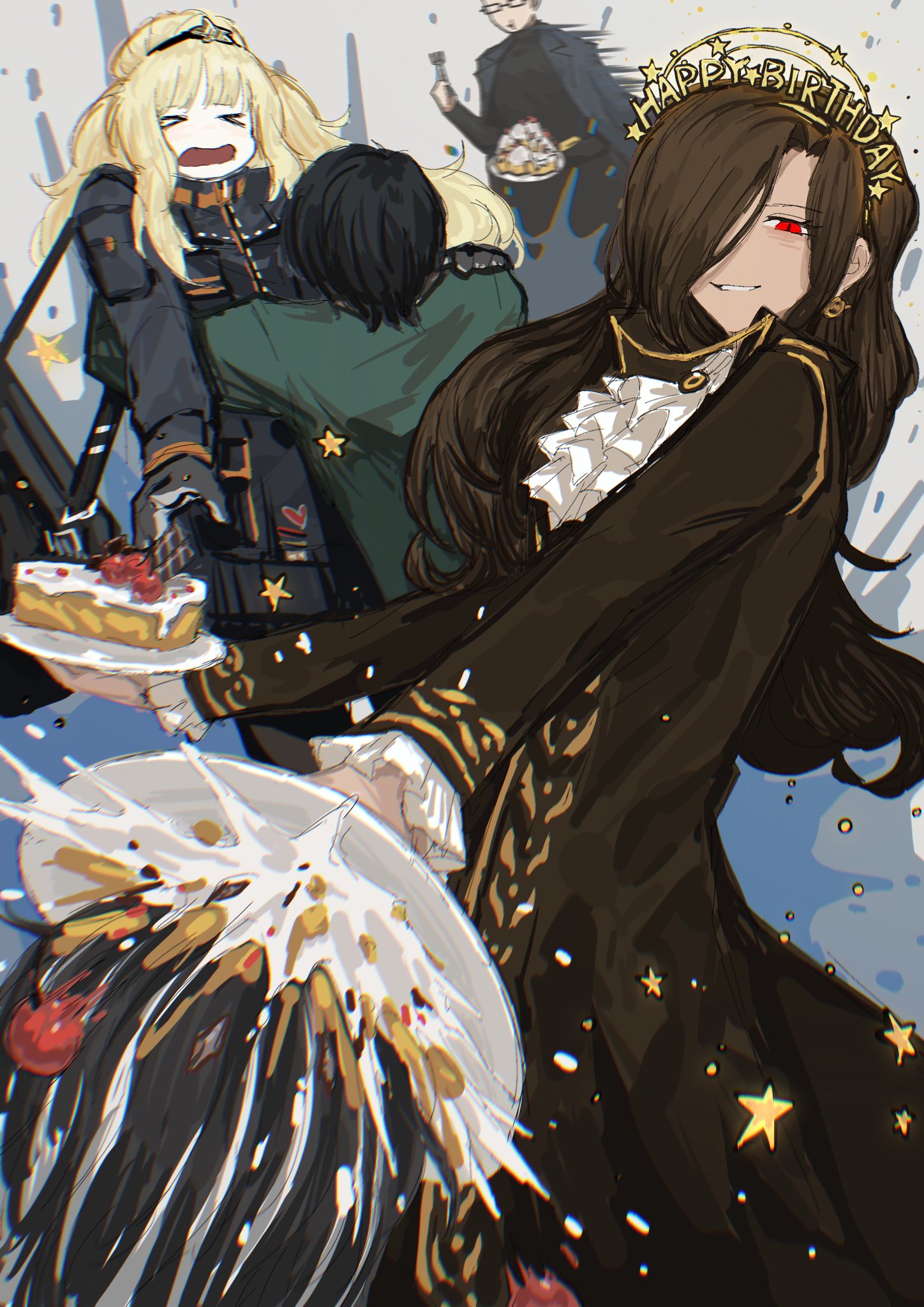 2boys, 3girls, bag, birthday_cake, black_coat, black_gloves, black_hair, black_jacket