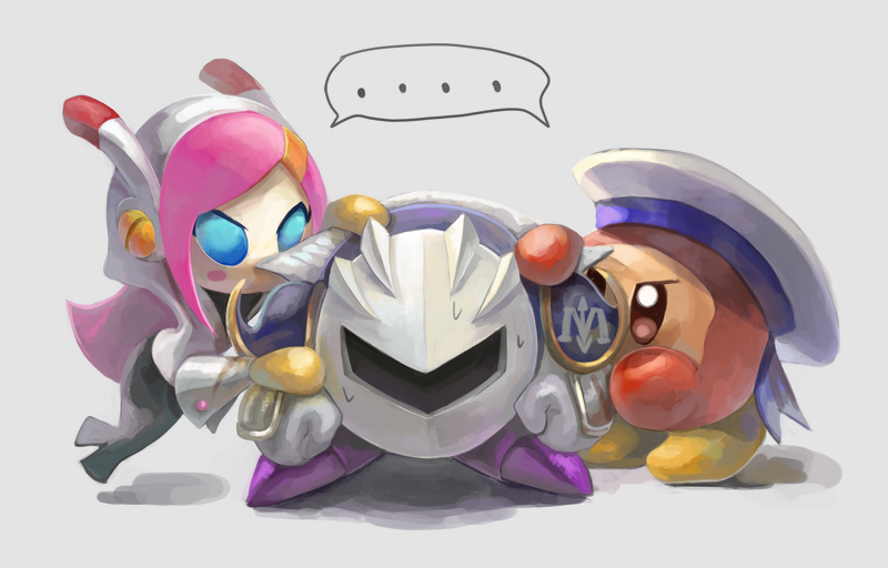 ..., 1girl, armor, blue_eyes, clenched_hands, grey_background, hat, kirby_(series)