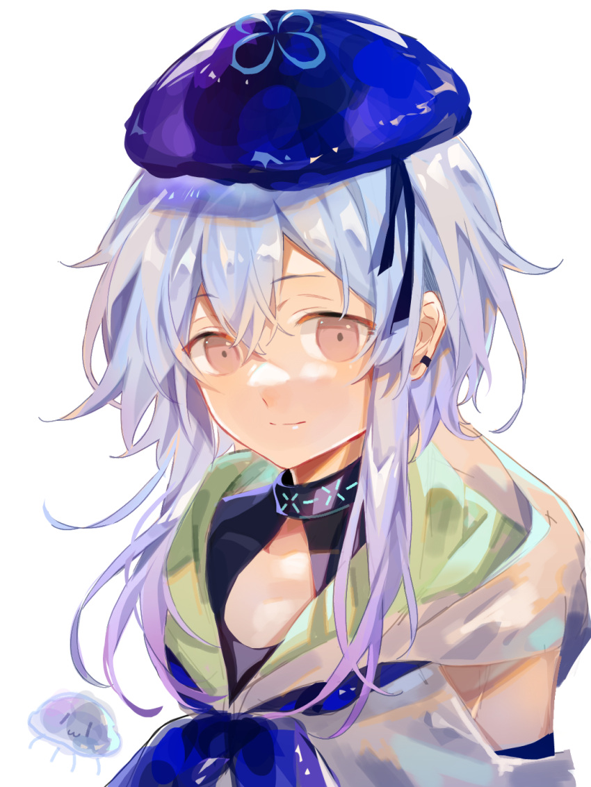 1girl, arknights, black_undershirt, blue_hat, blue_neckerchief, chinese_commentary, collarbone, commentary