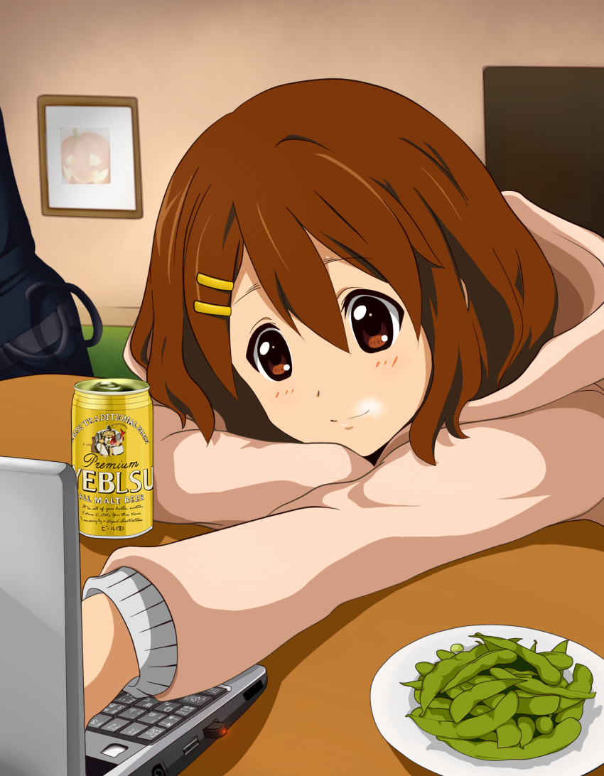 brand_name_imitation, brown_eyes, brown_hair, can, computer, guitar_case, highres, hirasawa_yui