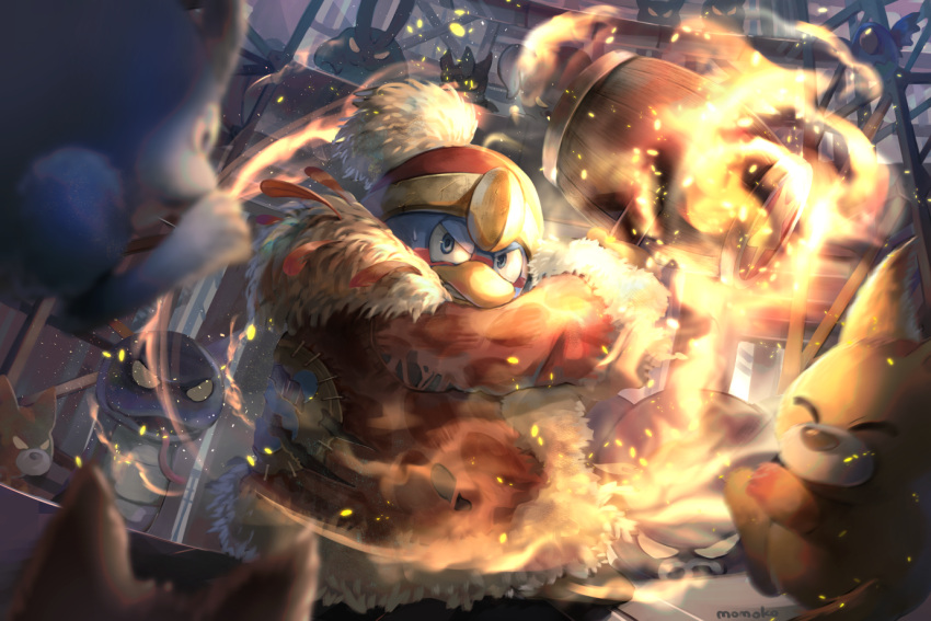 animal_ears, awoofy, buffahorn, clocker, closed_eyes, embers, fire, hammer, holding, holding_hammer, indoors, king_dedede, kirby_(series), kirby_and_the_forgotten_land, looking_at_viewer, momoko_(nihontou), orabiroo, pom_pom_(clothes), primal_awoofy, rabbit_ears, rabiroo, signature, snake, sssnacker, sweat, wings