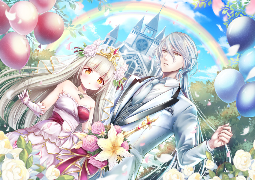 1boy, 1girl, absurdres, ashley_dina, balloon, bouquet, bridal_veil, bride