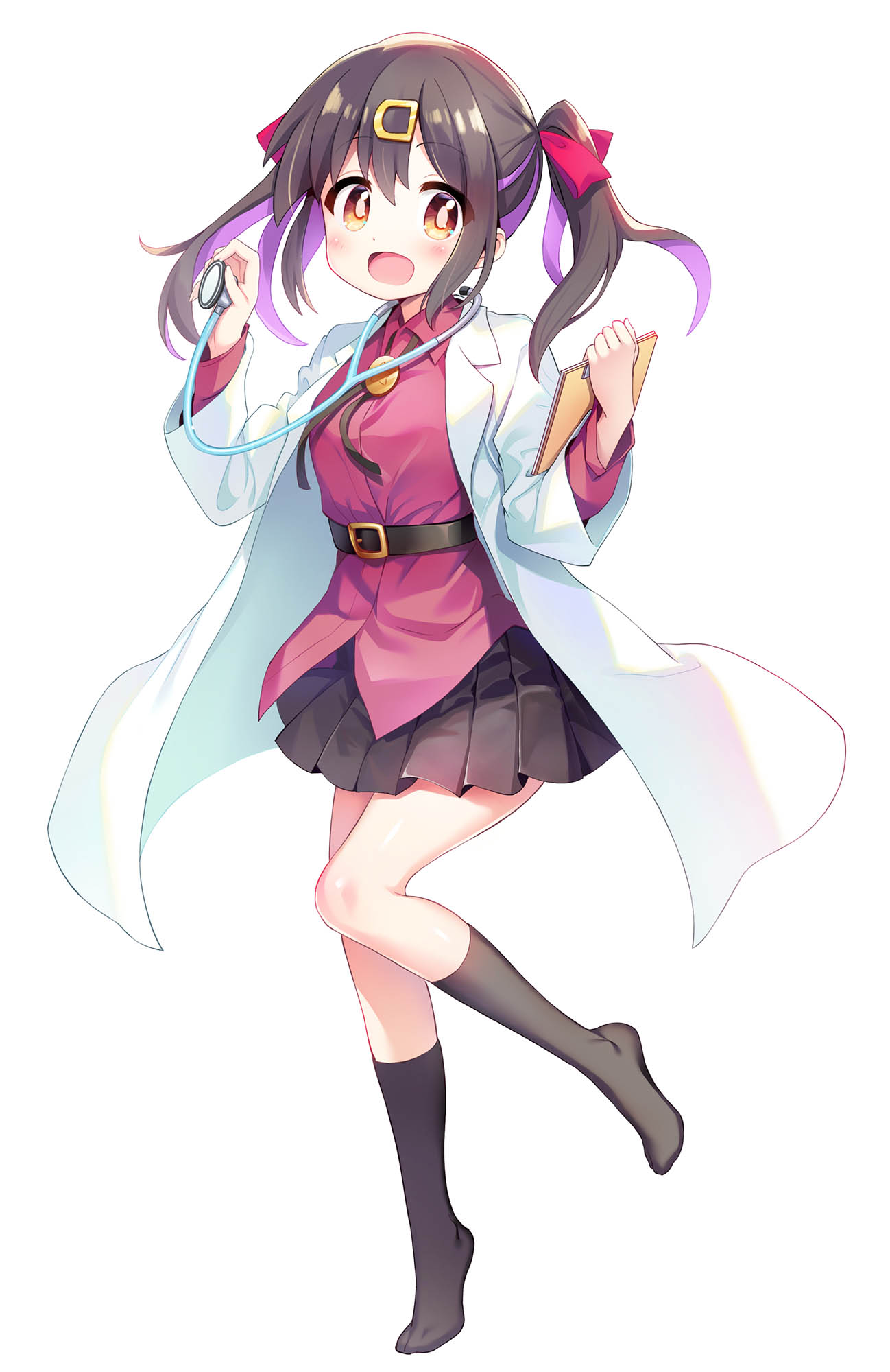1girl, ankle_socks, belt, belt_buckle, black_belt, black_hair, black_skirt, black_socks