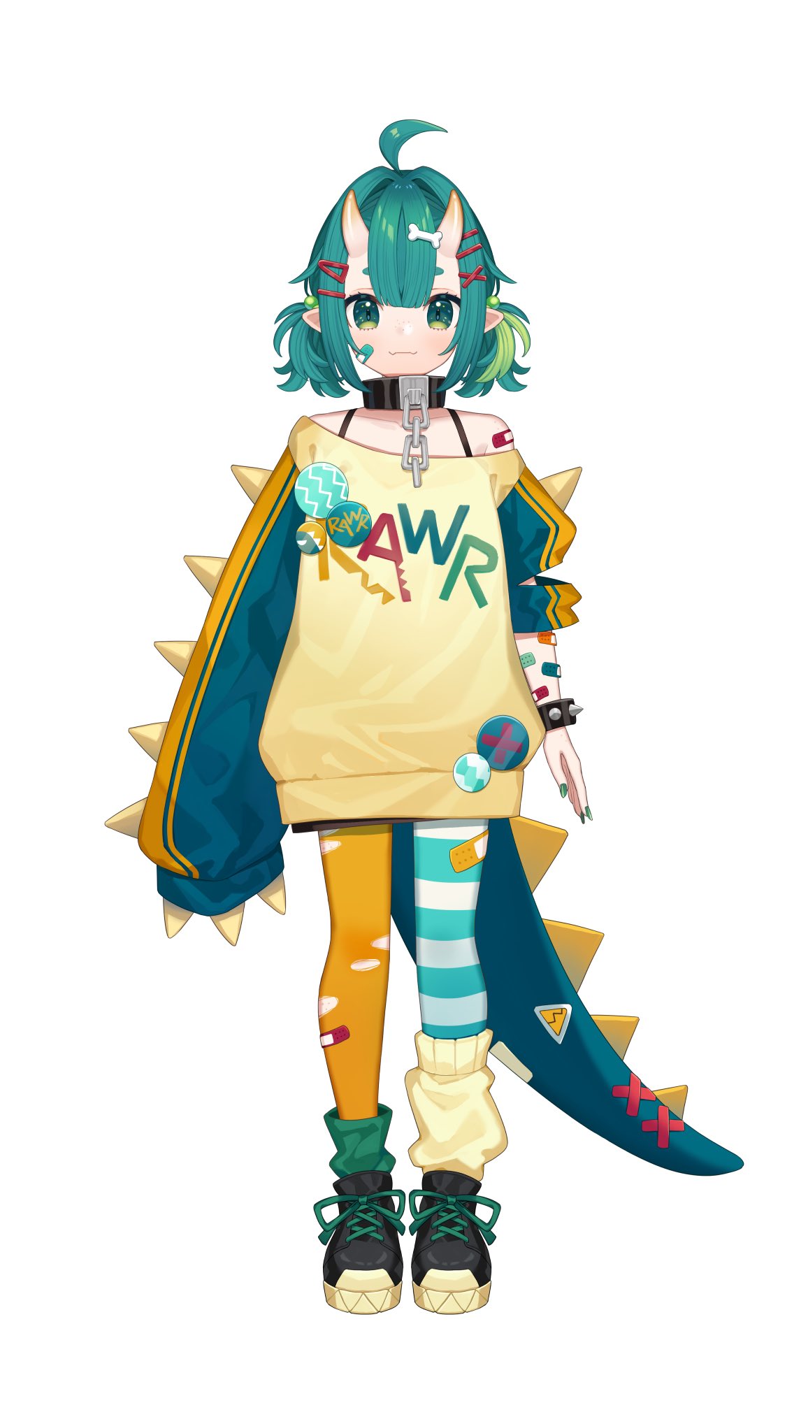 1girl, ahoge, aqua_thighhighs, asymmetrical_sleeves, bandaid, bandaid_on_arm, bandaid_on_cheek, bandaid_on_face