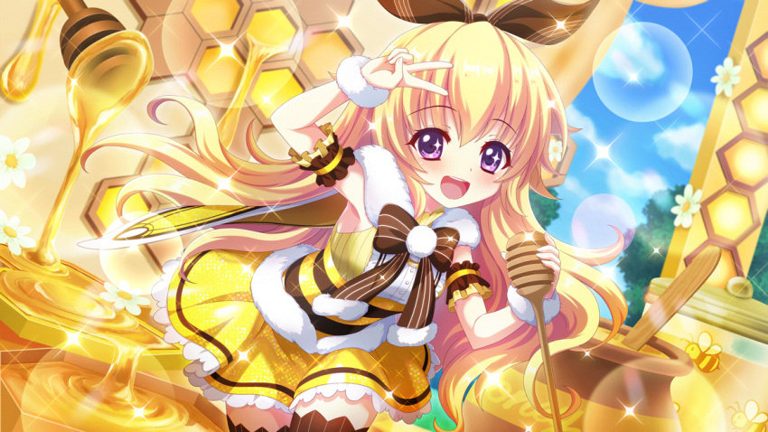 1girl, :d, arm_up, armband, bee, blonde_hair, blue_sky, bow