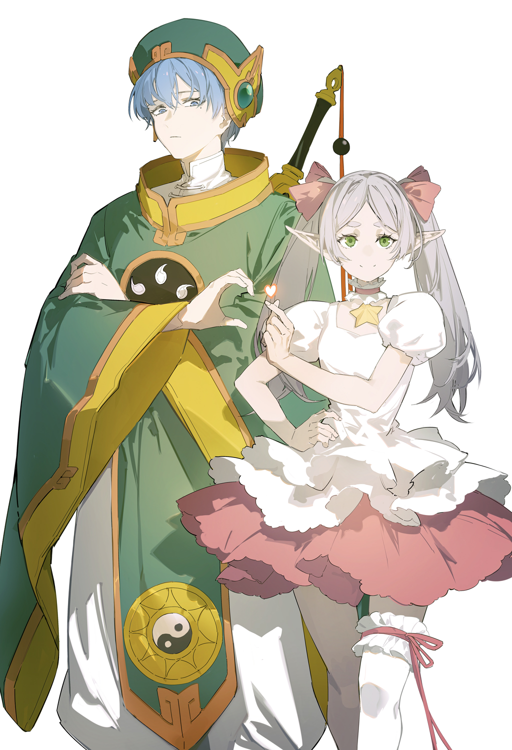 1boy, 1girl, blue_eyes, blue_hair, bow, chinese_clothes, closed_mouth, commentary, cosplay, cowboy_shot, elf, english_commentary, frieren, gradient_background, green_eyes, green_hat, grey_background, hair_between_eyes, hair_bow, hand_on_own_hip, hat, heart, heart_hands_failure, highres, himmel_(sousou_no_frieren), kinomoto_sakura, kinomoto_sakura_(cosplay), li_syaoran, li_syaoran_(cosplay), long_hair, looking_at_viewer, mole, mole_under_eye, nine_(liuyuhao1992), parted_bangs, pointy_ears, short_eyebrows, short_hair, simple_background, smile, sousou_no_frieren, standing, thick_eyebrows, twintails, white_background, white_hair, yin_yang