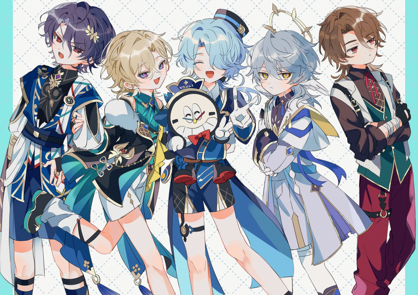 5boys, aventurine_(honkai:_star_rail), bandaged_arm, bandages, black_gloves, blonde_hair, brown_hair, clockie_(honkai:_star_rail)