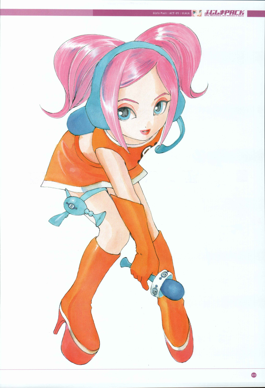 1girl, absurdres, aqua_straps, bare_shoulders, bent_over, blue_eyes, blue_headphones, boots