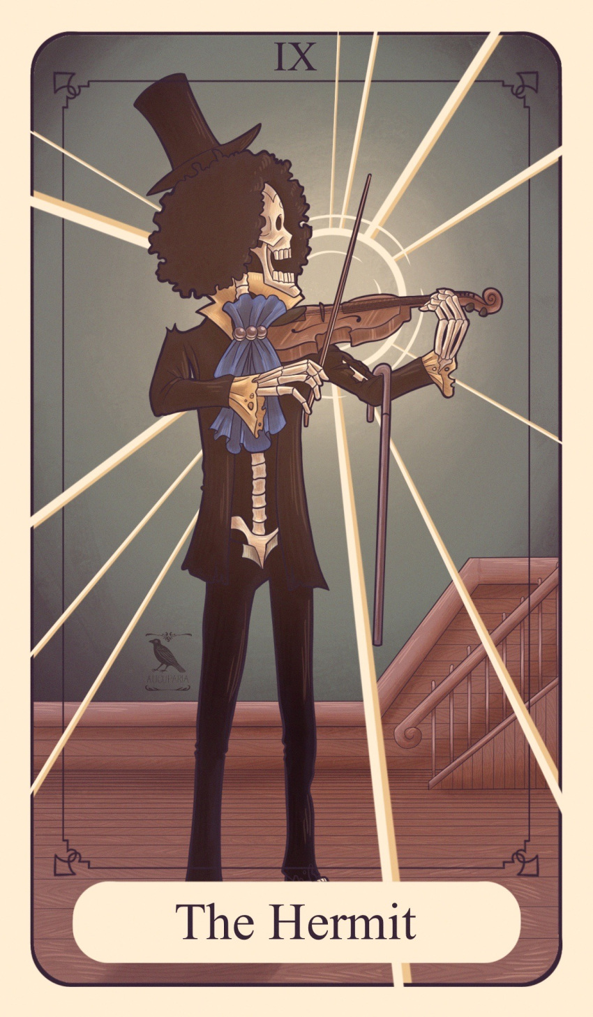 1boy, afro, ascot, aucuparia, black_hair, black_hat, blue_ascot, bow_(music), brook_(one_piece), cane, card_(medium), commentary, english_commentary, english_text, frilled_sleeves, frills, hat, highres, holding, holding_bow_(music), holding_instrument, holding_violin, instrument, long_sleeves, male_focus, music, one_piece, playing_instrument, skeleton, solo, standing, tarot, tarot_(medium), top_hat, violin