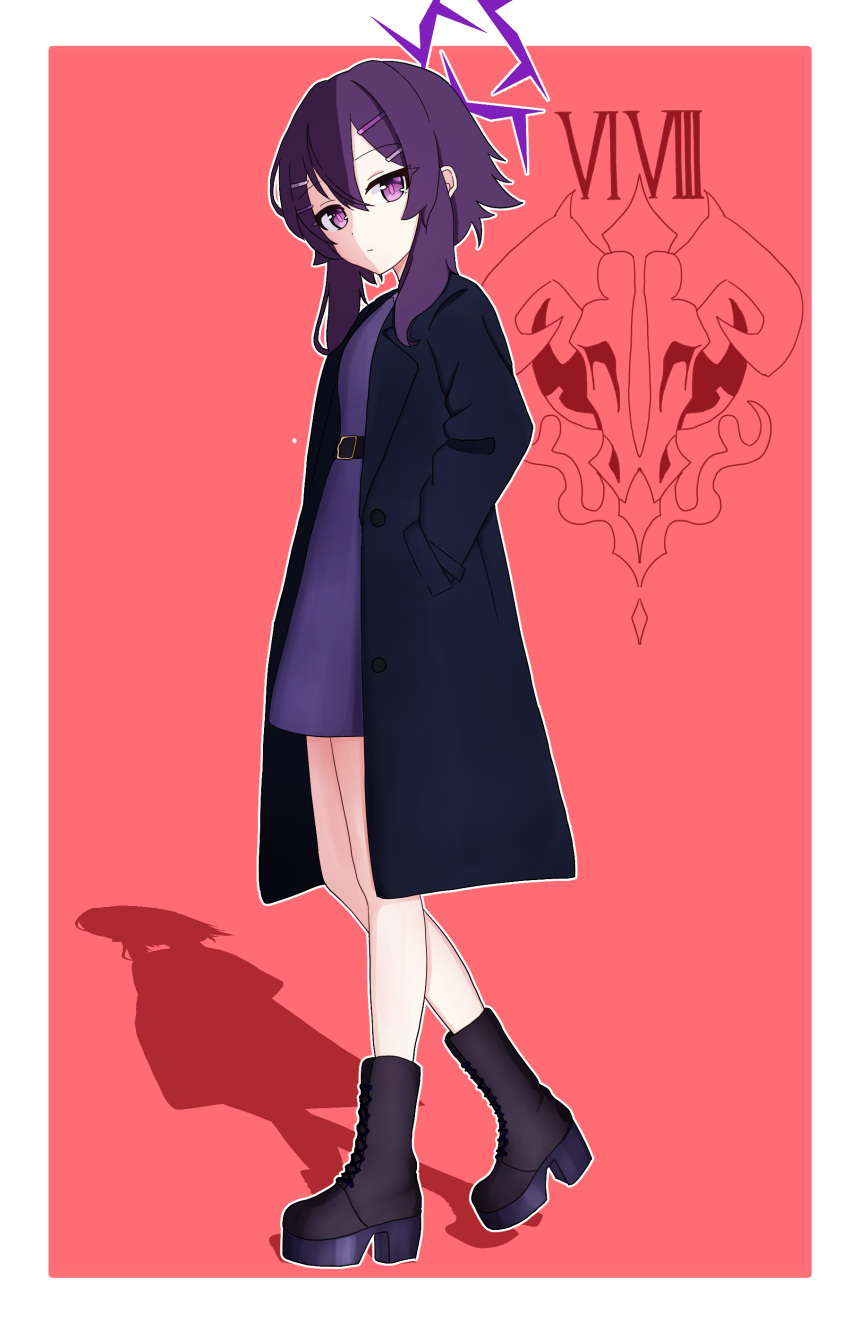 1girl, absurdres, belt, blue_archive, boots, coat, dress, expressionless