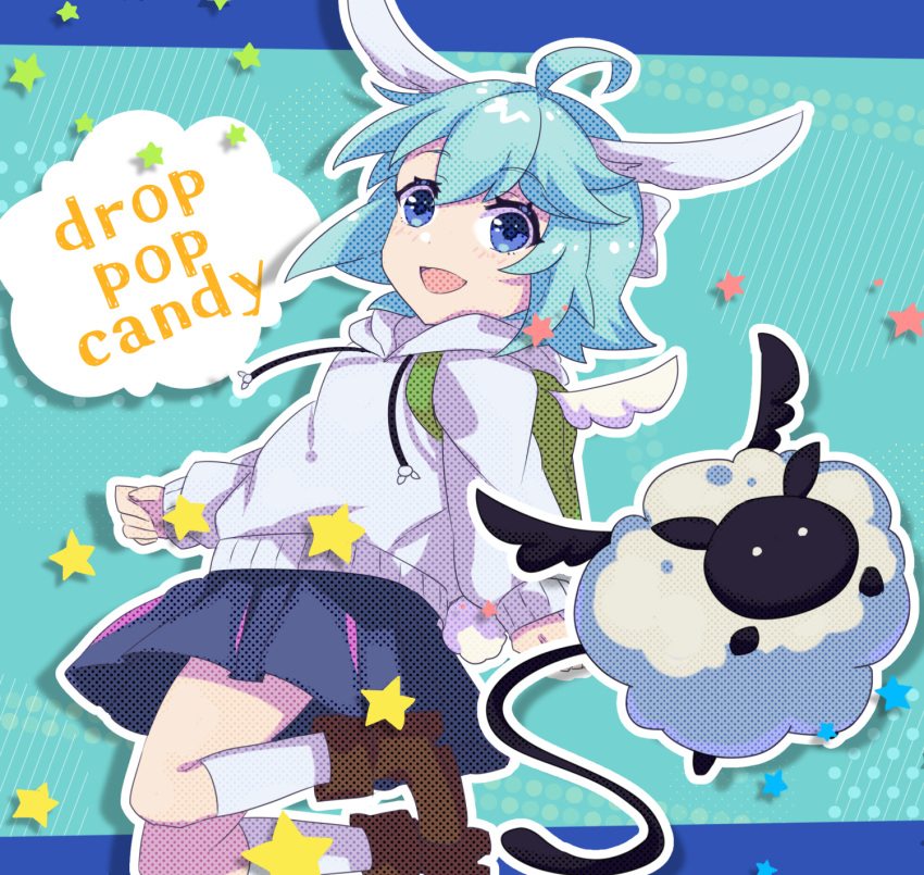 1girl, animal_ears, blue_eyes, blue_hair, boots, drop_pop_candy_(vocaloid), highres, hood
