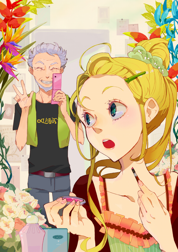 blonde_hair, cellphone, eyelashes, lipstick, makeup, makeup_brush, old_man, open_mouth