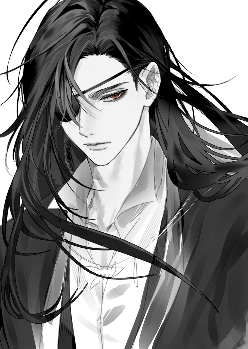 1boy, braid, chinese_clothes, closed_mouth, collared_shirt, eyepatch, hanfu, highres