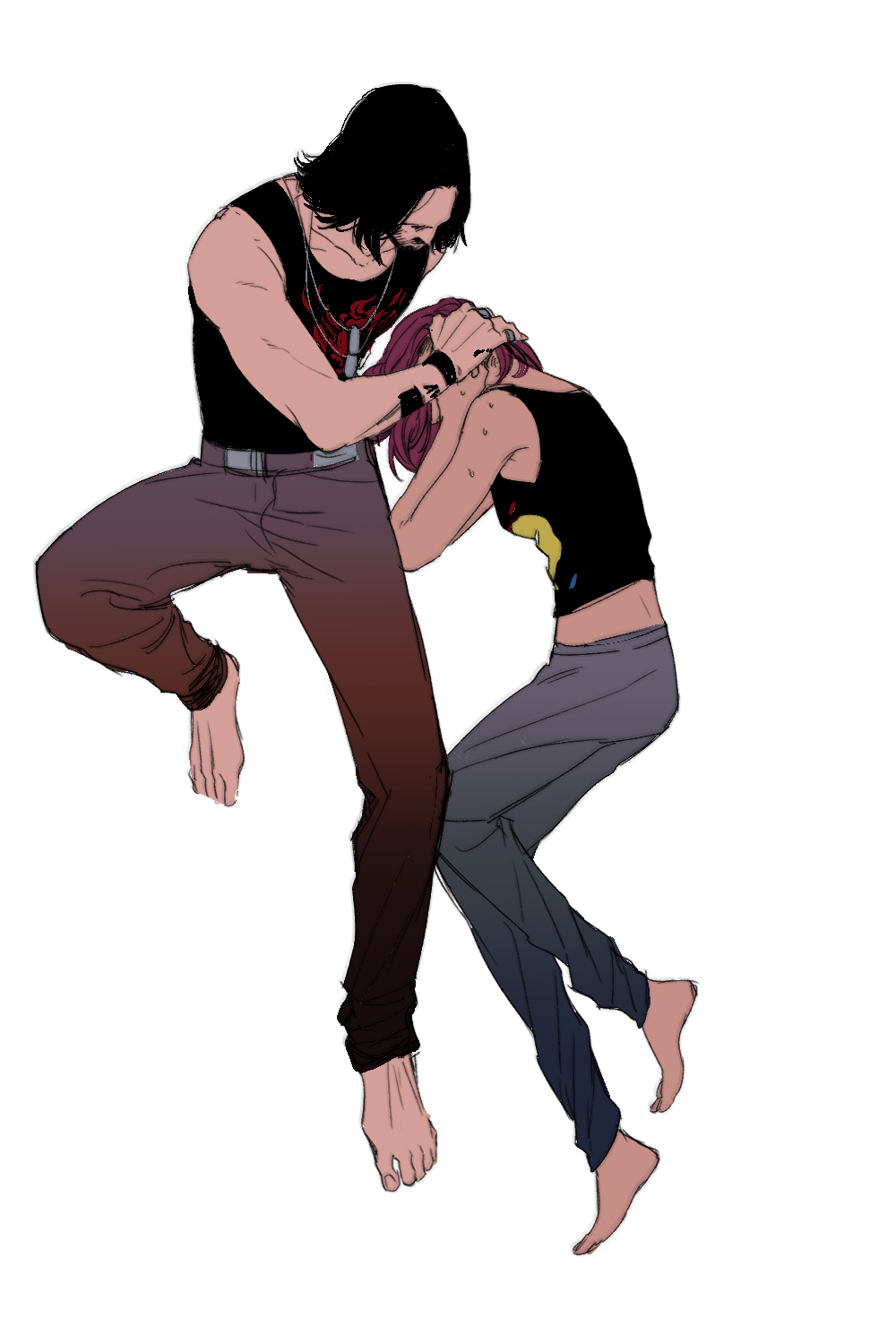 1boy, 1girl, barefoot, belt, black_hair, black_tank_top, brown_belt, brown_pants
