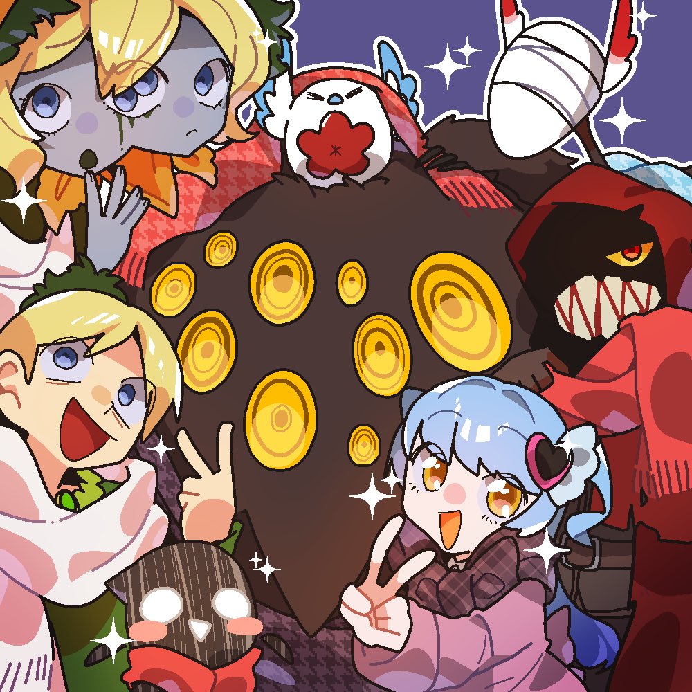 1boy, 3girls, big_bird_(project_moon), bird, blank_eyes, blindfold, blonde_hair, blue_eyes