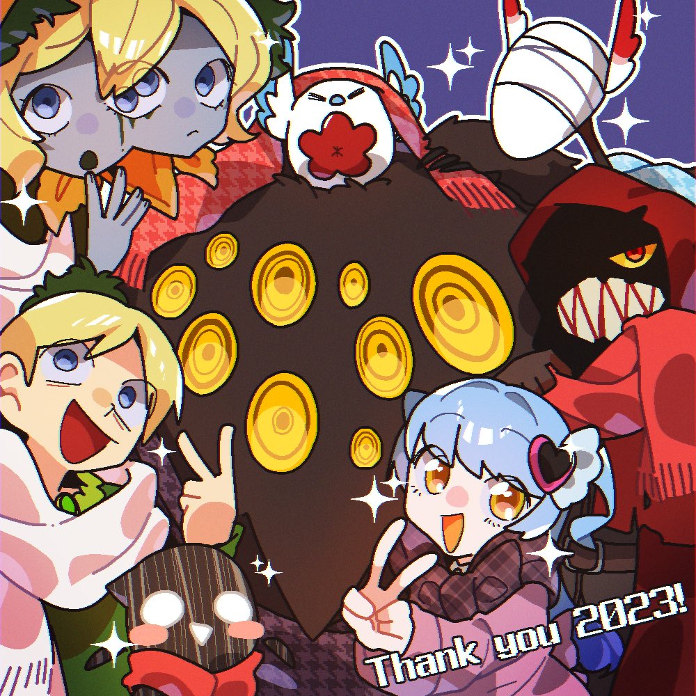 1boy, 3girls, big_bird_(project_moon), bird, blank_eyes, blindfold, blonde_hair, blue_eyes