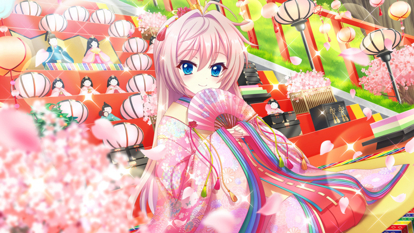 1girl, ahoge, blue_eyes, bonbori_(lighting), cherry_blossoms, closed_mouth, day, dot_nose