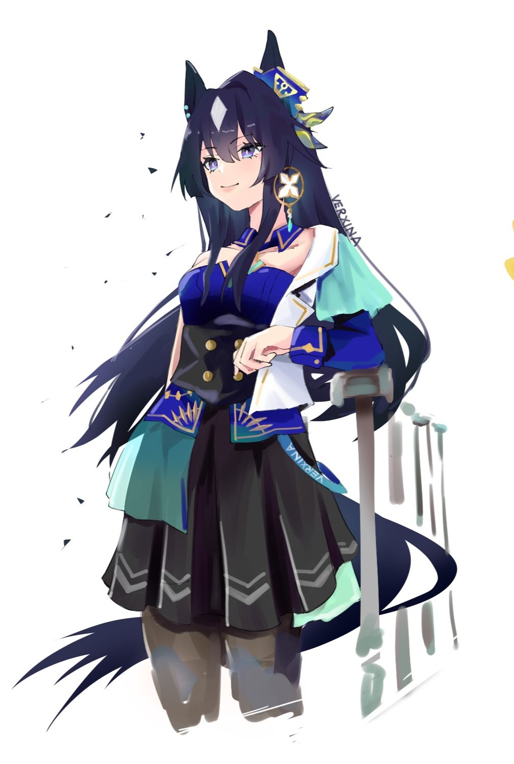 1girl, animal_ears, black_hair, black_pantyhose, black_skirt, character_name, corset, detached_collar