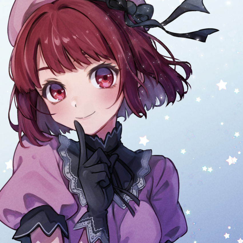 1girl, arima_kana, beret, black_gloves, blush, bob_cut, finger_to_mouth, gloves