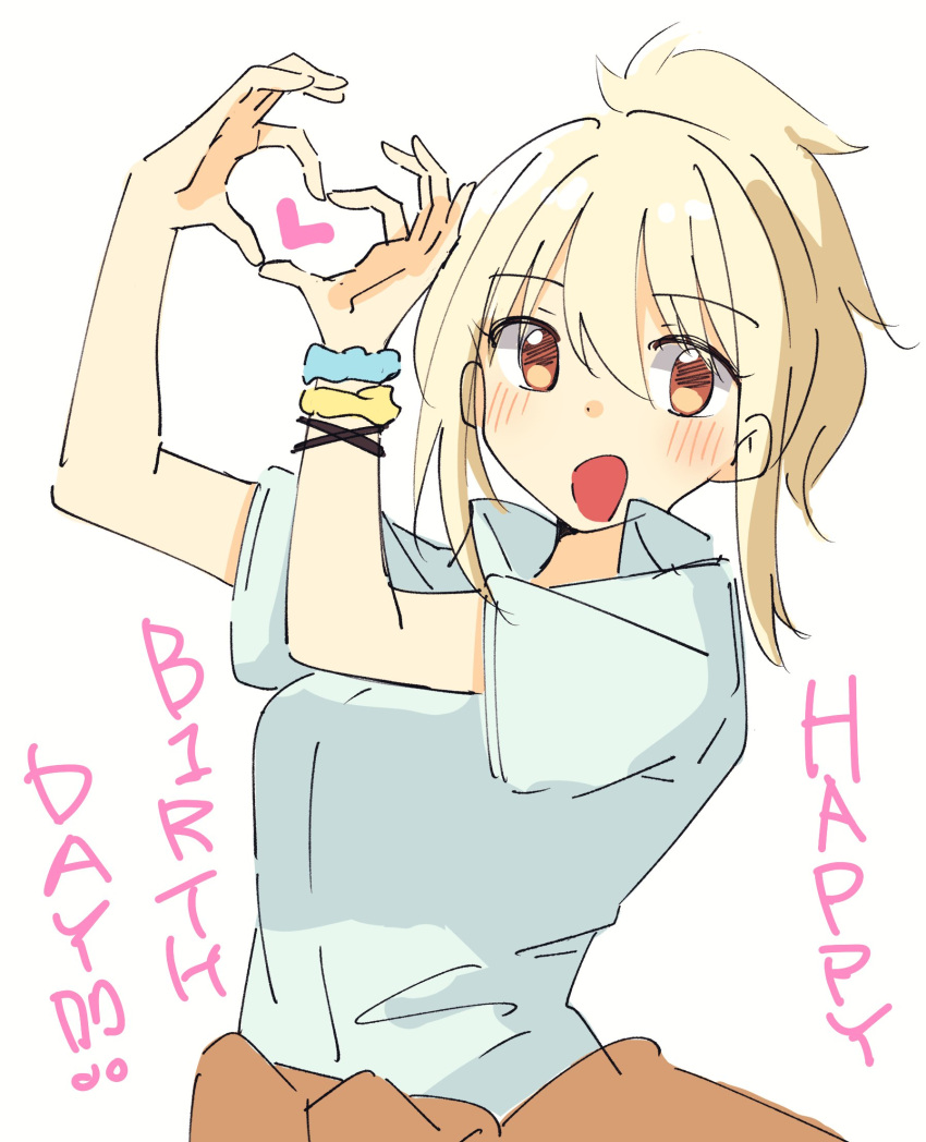 1girl, blonde_hair, blue_shirt, blush, brown_cardigan, cardigan, cardigan_around_waist, clothes_around_waist