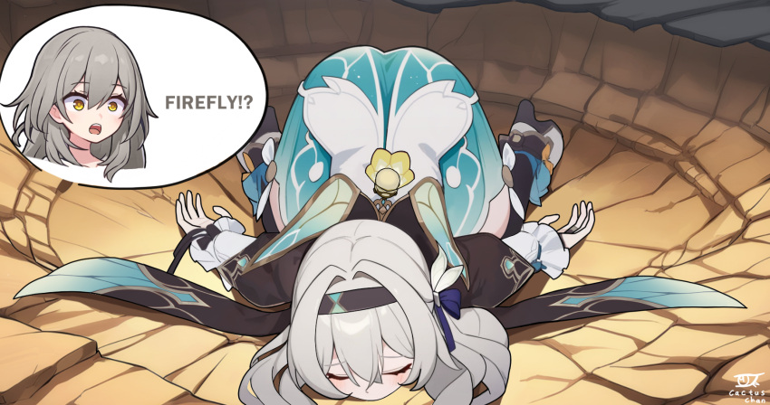 2girls, blush, closed_eyes, crater, defeat, english_commentary, english_text, firefly_(honkai:_star_rail)