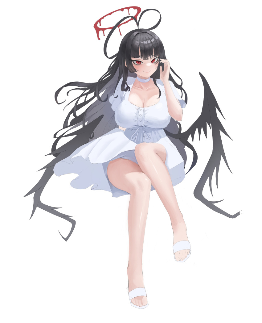absurdres, antenna_hair, black_hair, blue_archive, breasts, dress, full_body, halo, highres, large_breasts, long_hair, melting_halo, musclexm, redhead, simple_background, sitting, tsurugi_(blue_archive), white_dress, wings