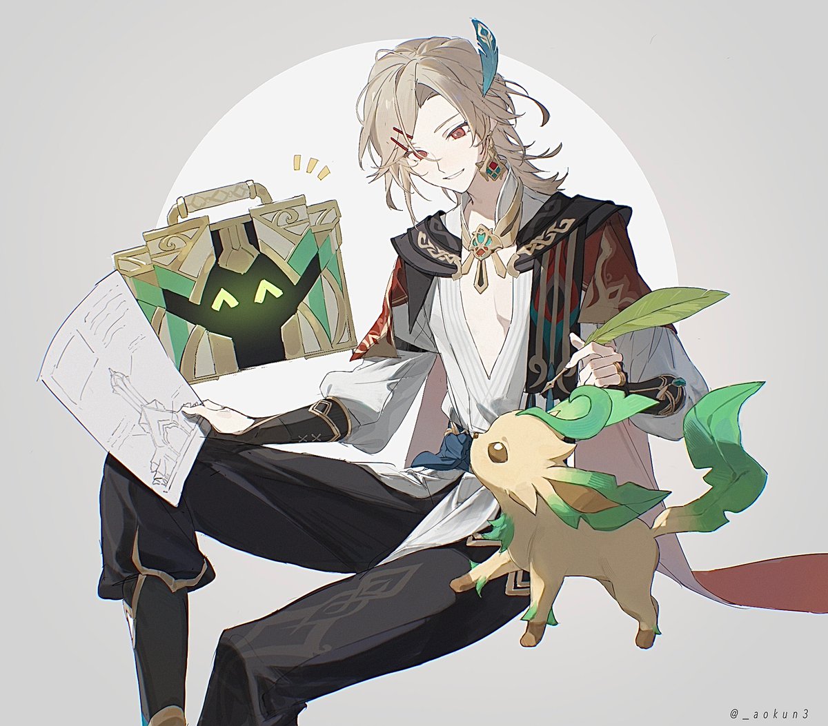 1boy, ^_^, aokun3, black_pants, closed_eyes, crossover, earrings, feather_hair_ornament