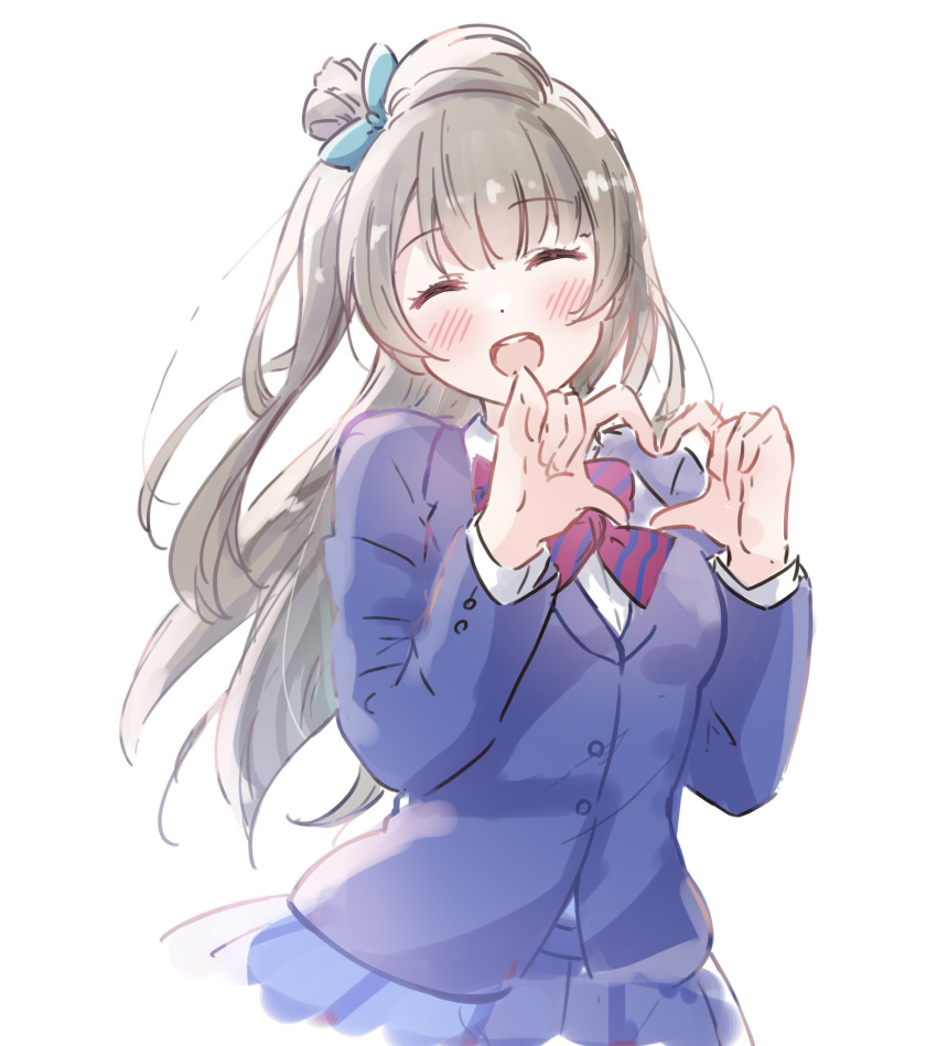 1girl, blue_jacket, blue_skirt, blush, bow, bowtie, closed_eyes, collared_shirt