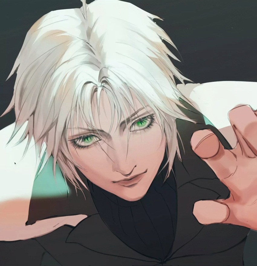 1boy, aged_down, armor, black_background, black_coat, black_sweater, coat, commentary, final_fantasy, final_fantasy_vii, final_fantasy_vii_ever_crisis, frost9792, green_eyes, grey_hair, hand_up, hashtag-only_commentary, highres, looking_at_viewer, male_focus, pauldrons, reaching, reaching_towards_viewer, sephiroth, short_hair, shoulder_armor, slit_pupils, solo, sweater, upper_body