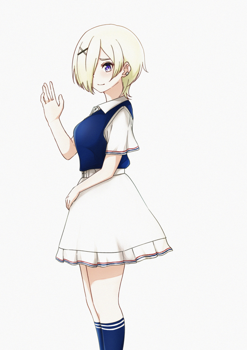 1girl, absurdres, blonde_hair, blue_shirt, blue_socks, closed_mouth, collared_shirt, commentary_request, ear_piercing, from_side, furrowed_brow, hair_ornament, hair_over_one_eye, hairclip, hand_up, highres, kneehighs, koukoutou_(seikoutoutei), lemonade_(love_live!), looking_at_viewer, love_live!, love_live!_nijigasaki_high_school_idol_club, mia_taylor, one_eye_covered, piercing, polo_shirt, shirt, short_hair, short_sleeves, skirt, socks, solo, standing, upper_body, violet_eyes, white_background, white_skirt, white_sleeves