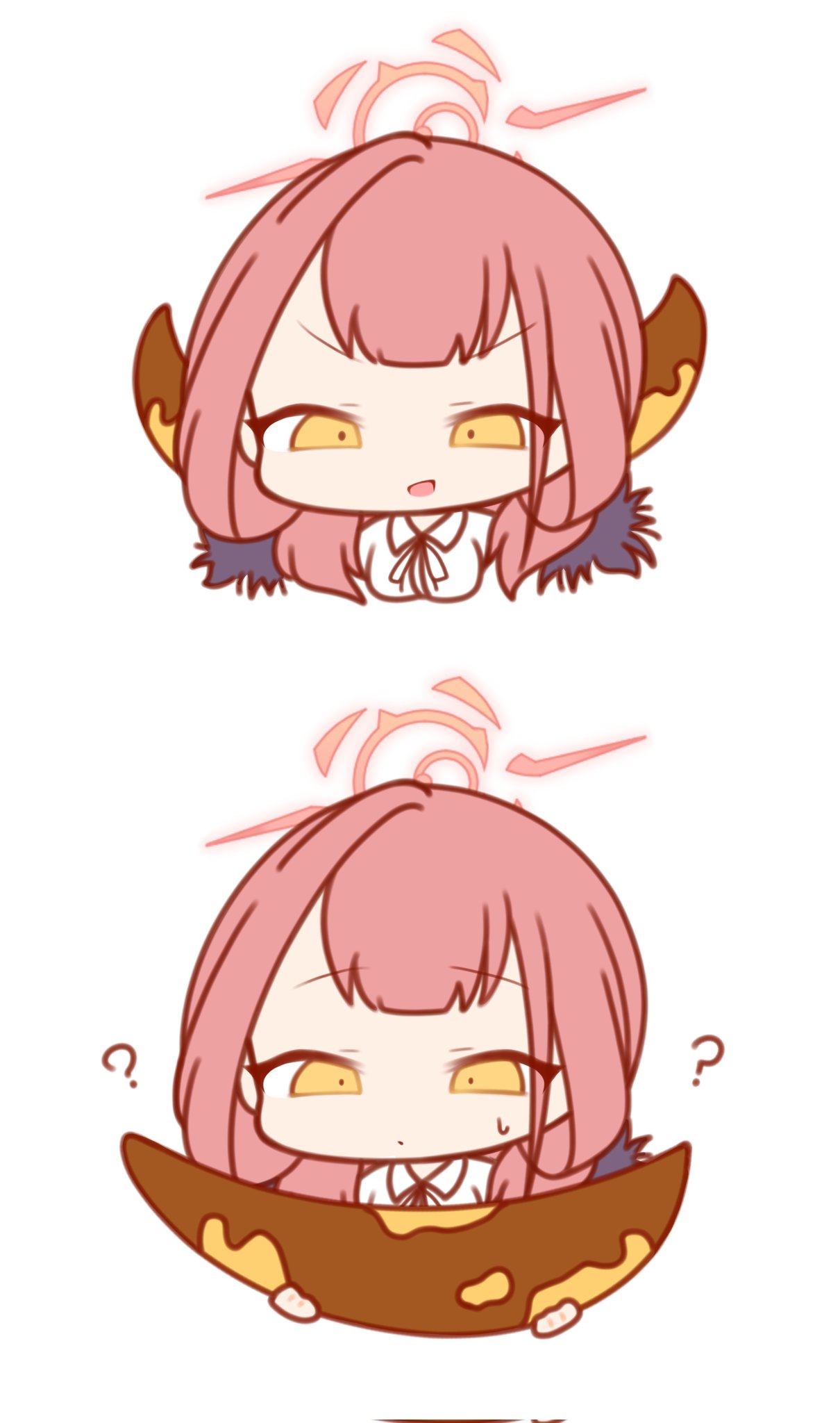 1girl, ?, aru_(blue_archive), blue_archive, chibi, halo, highres, holding_own_horn