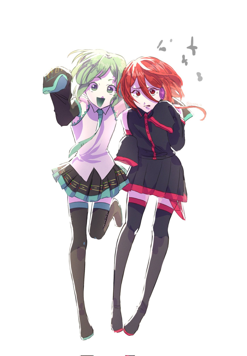 2others, aqua_eyes, aqua_hair, aqua_necktie, black_footwear, black_shirt, black_skirt, boots