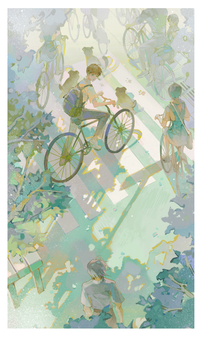 1girl, 2boys, absurdres, ayanami_rei, backpack, bag, bicycle, blue_eyes