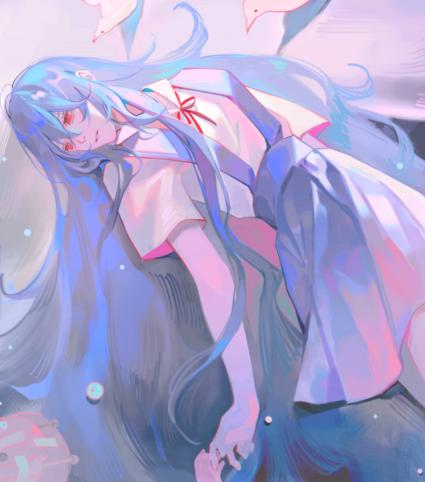 1girl, ayanami_rei, baby, blue_dress, blue_hair, dress, evangelion:_3.0+1.0_thrice_upon_a_time, expressionless
