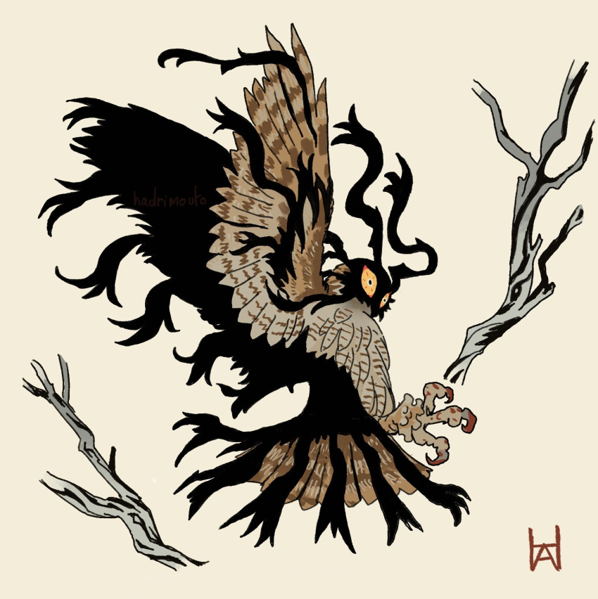 alternate_species, animal, animal_focus, artist_logo, bird, branch, dream_tiger_(govy9807), english_commentary, flying, full_body, hadrimouto, highres, looking_at_viewer, no_humans, original, owl, simple_background, solo, yellow_background, yellow_eyes