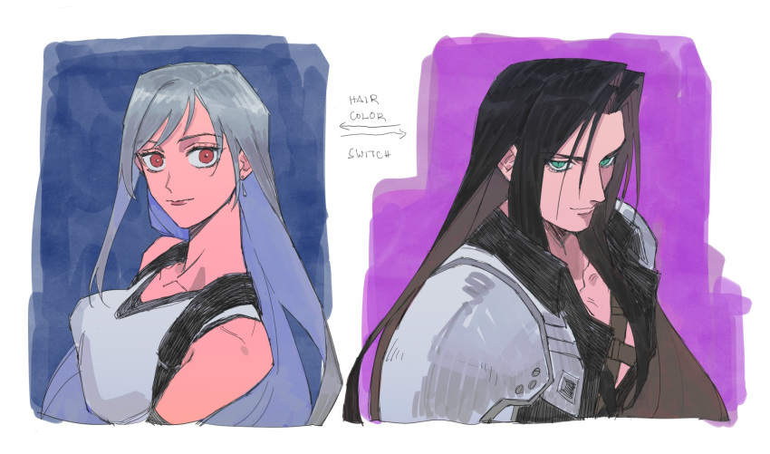 1boy, 1girl, alternate_hair_color, armor, asymmetrical_bangs, black_coat, black_hair, blue_background, chest_strap, coat, commentary, cropped_torso, dangle_earrings, earrings, english_text, final_fantasy, final_fantasy_vii, final_fantasy_vii_remake, green_eyes, grey_hair, hair_color_switch, high_collar, highres, jewelry, light_smile, long_bangs, long_hair, looking_at_viewer, parted_bangs, pauldrons, red_eyes, red_lips, sephiroth, shirt, shoulder_armor, single_earring, slit_pupils, smirk, standing, sundayauruu, suspenders, tifa_lockhart, upper_body, white_shirt