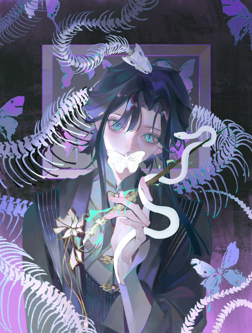1boy, absurdres, animal_skeleton, bishounen, black_hair, black_jacket, bug, butterfly