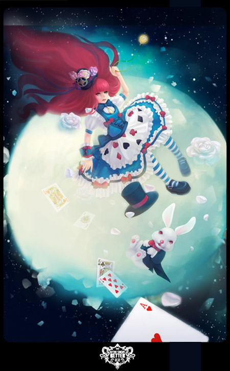 alice_in_wonderland, bunny, card, cards, falling, floating_card, flower, full_moon