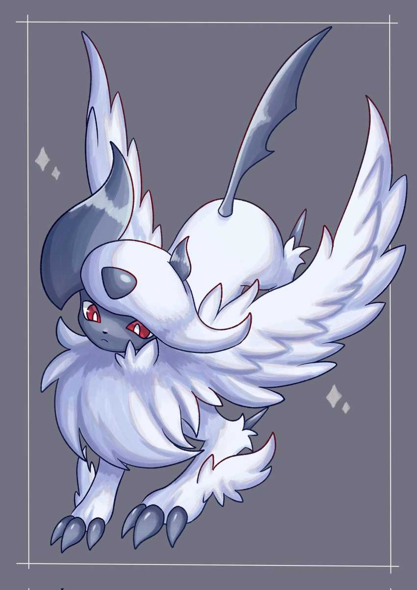 absol, animal_focus, bright_pupils, claws, closed_mouth, feathered_wings, grey_background, highres