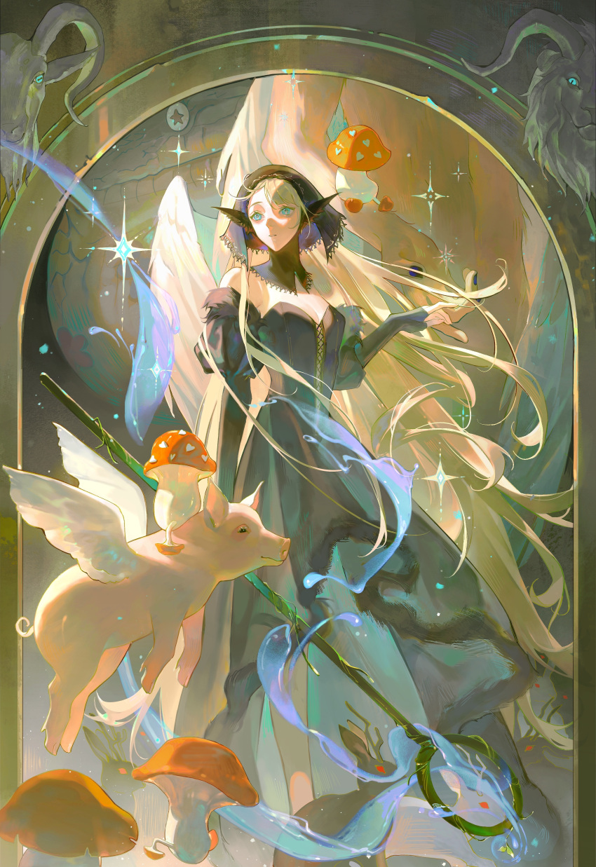 1girl, absurdres, ambrosia_(dungeon_meshi), animal, bare_shoulders, black_dress, black_hood, blonde_hair